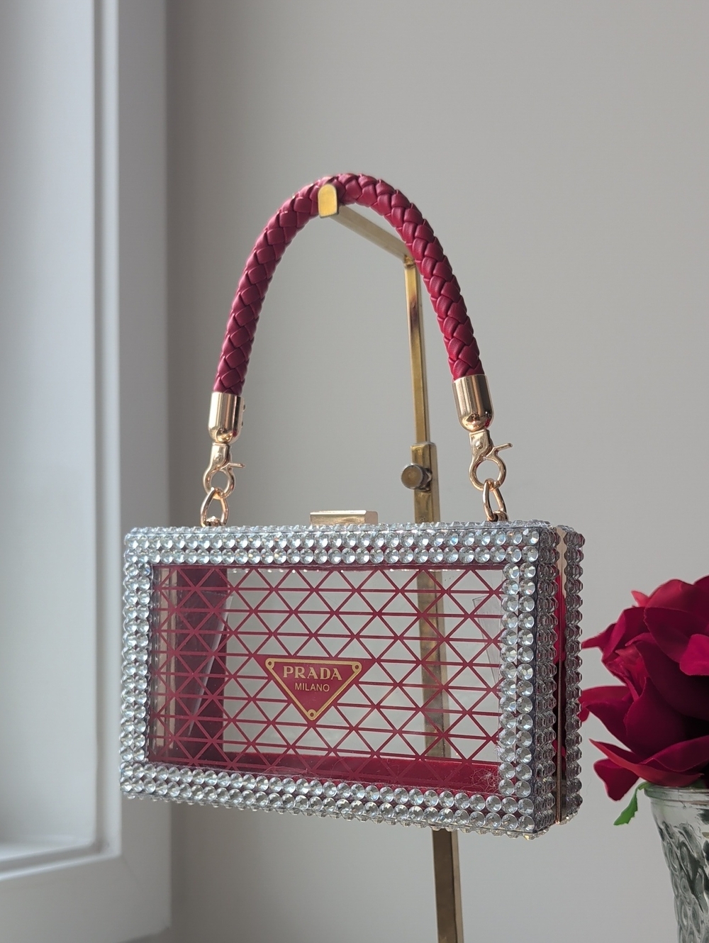 Upcycled Crystal-Trim Clear Box Clutch in Pink